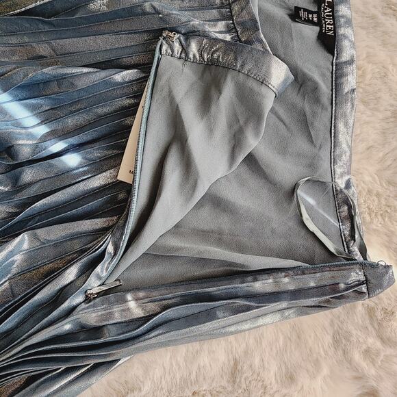 NEW Lauren Ralph Lauren Blue Metallic Pleated Chiffon Midi Skirt - Picture 11 of 15